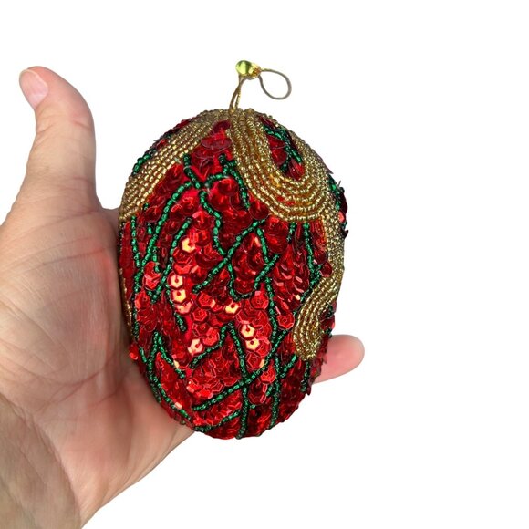 Vintage Handcrafted Red Sequin & Beaded Decorative Christmas Ornament Egg - Picture 2 of 6